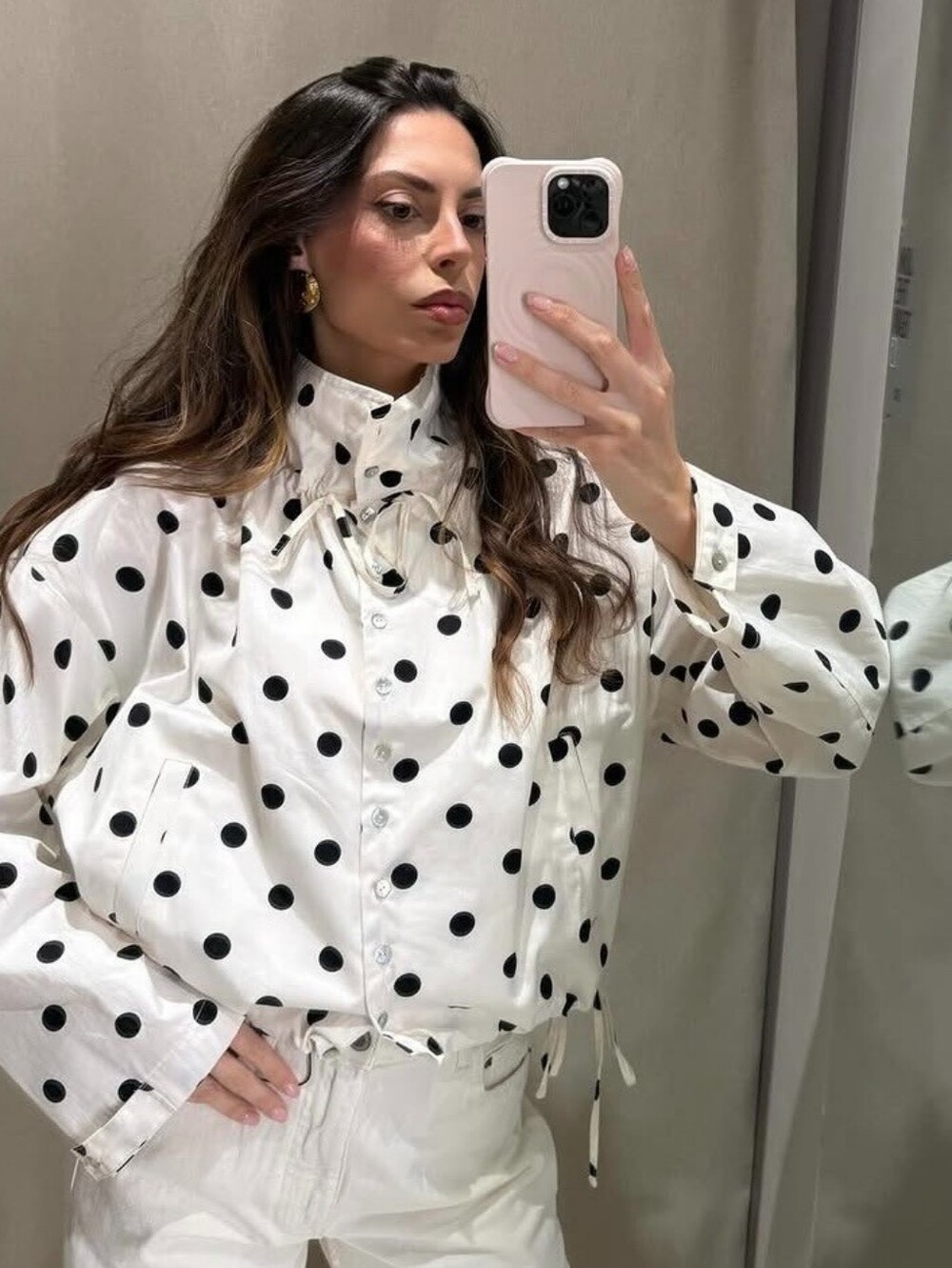 Zara Cream Button-Down Polka Dot Tie-Neck Jacket